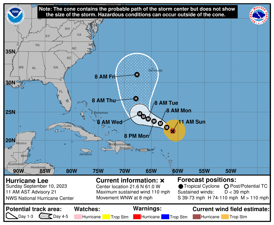 Hurricane Lee is expected to restrengthen in the coming days, the National Hurricane Center said Sunday. Hurricane Lee is expected to restrengthen in the coming days, the National Hurricane Center said Sunday.