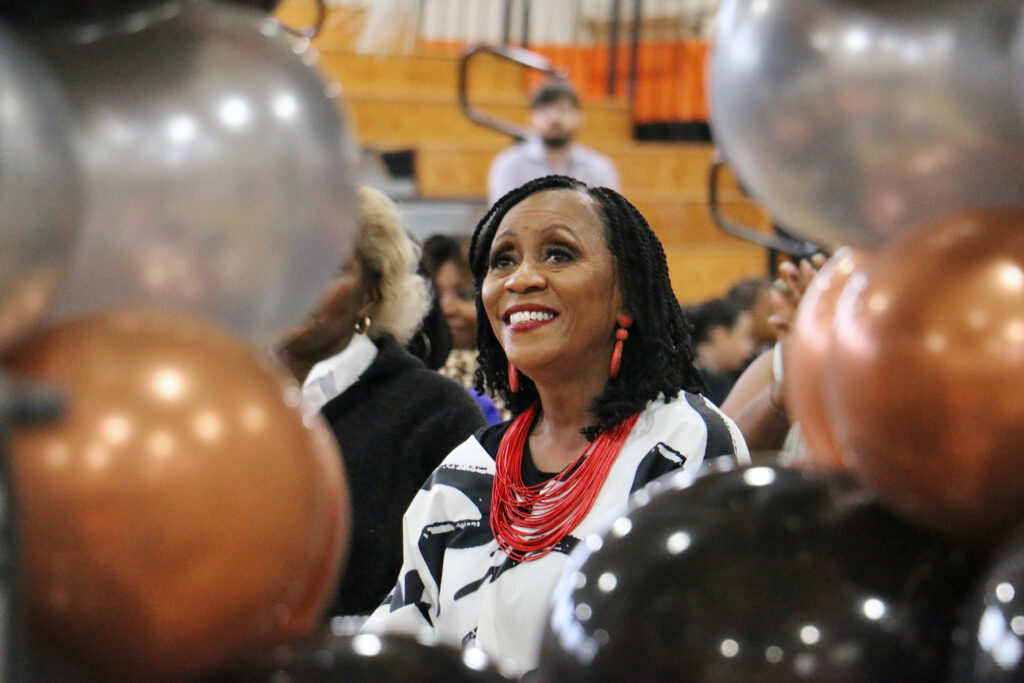2023 09 26-elee-joyce abbott-philadelphia overbrook high school-abbott elementary honors balloons Retired Philadelphia teacher Joyce Abbott is framed by balloons during a celebration of her 27-year career, held at Overbrook High School. (Emma Lee/WHYY)