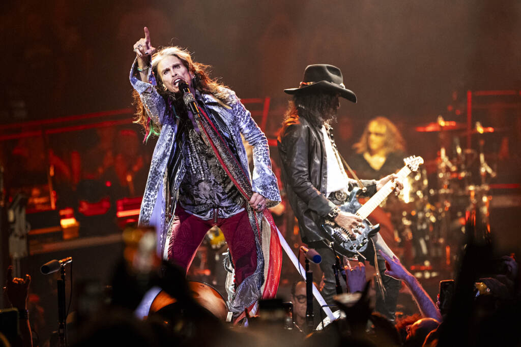 Steven Tyler; Joe Perry Steven Tyler (left) and Joe Perry of Aerosmith perform during night one of their ''Peace Out: The Farewell Tour'' on Saturday, Sept. 2, 2023, at Wells Fargo Center in Philadelphia