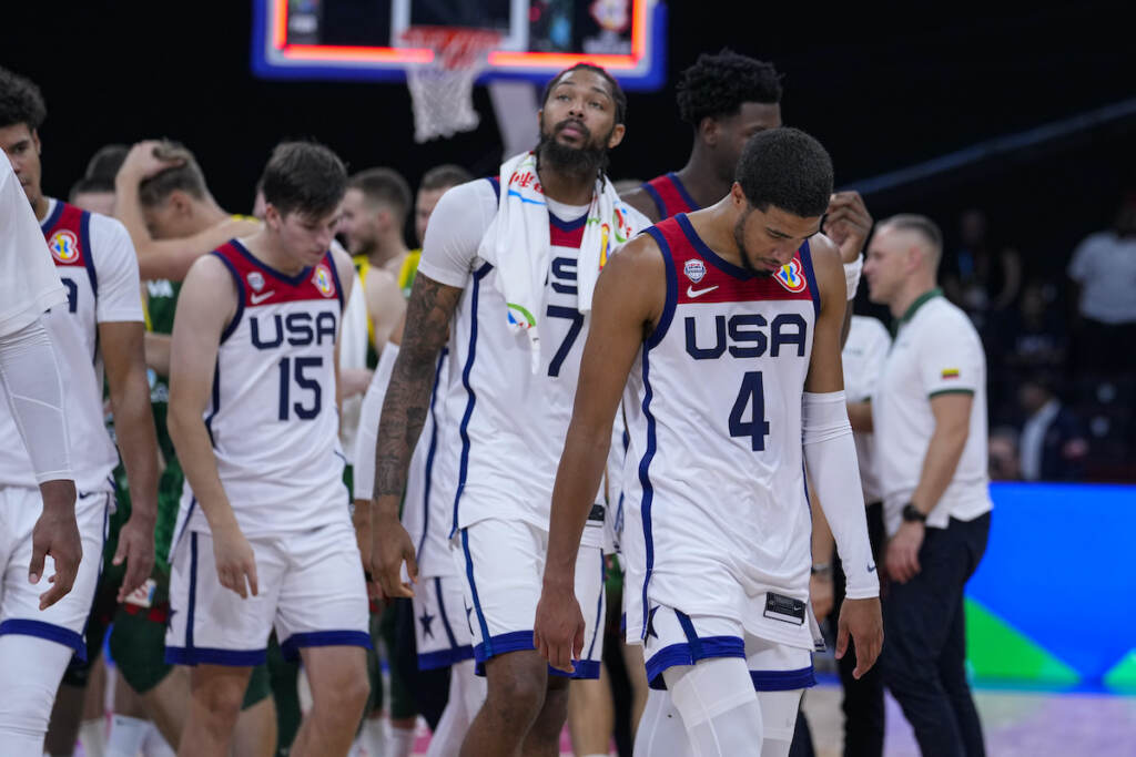 World Cup US Lithuania Basketball U.S. guard Tyrese Haliburton (4) leads the team off the court after a loss to Lithuania in a Basketball World Cup second-round match in Manila, Philippines Sunday, Sept. 3, 2023