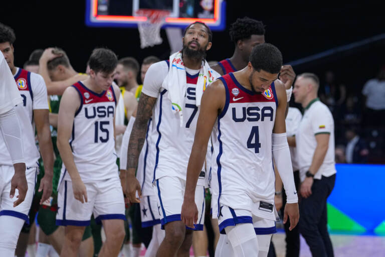 U.S. guard Tyrese Haliburton (4) leads the team off the court after a loss to Lithuania in a Basketball World Cup second-round match in Manila, Philippines Sunday, Sept. 3, 2023