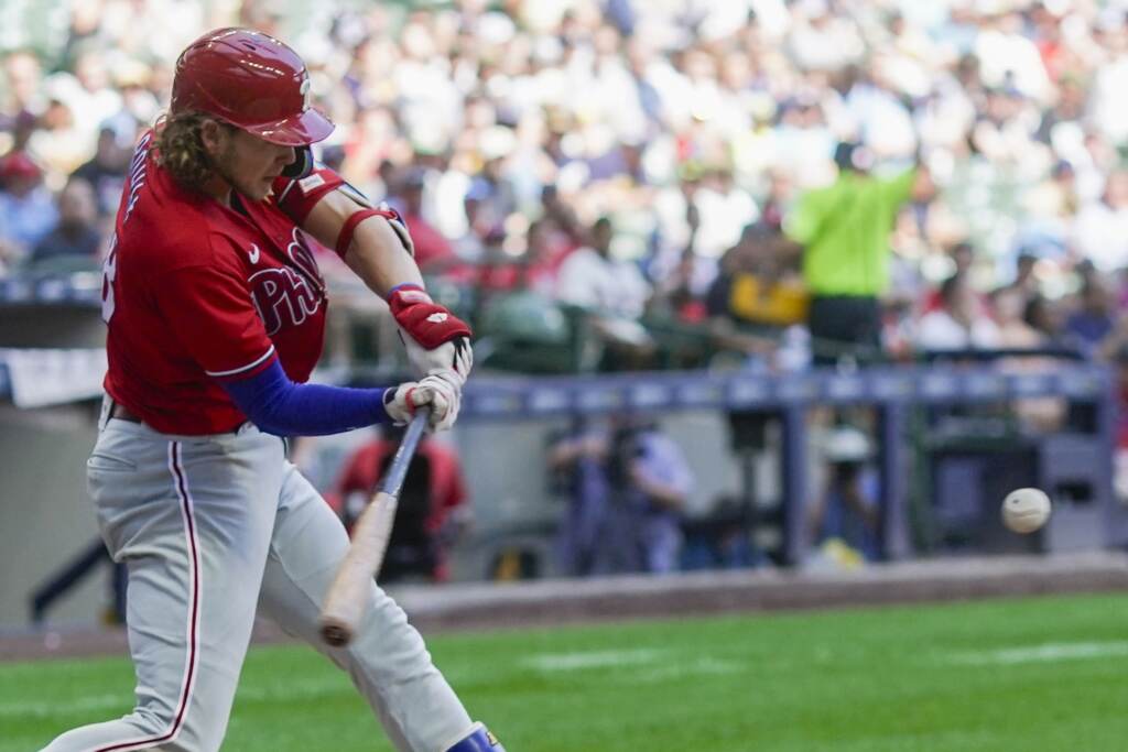 Phillies Brewers Baseball Philadelphia Phillies' Alec Bohm hits a home run during the seventh inning of a baseball game against the Milwaukee Brewers Sunday, Sept. 3, 2023, in Milwaukee