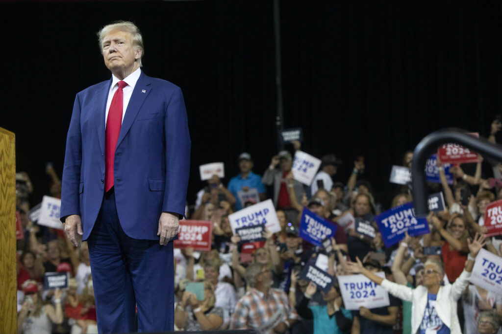 Election 2024 Trump South Dakota Former President Donald Trump stands as the crowd cheers at the South Dakota Republican Party Monumental Leaders rally Friday, Sept. 8, 2023, in Rapid City, S.D.