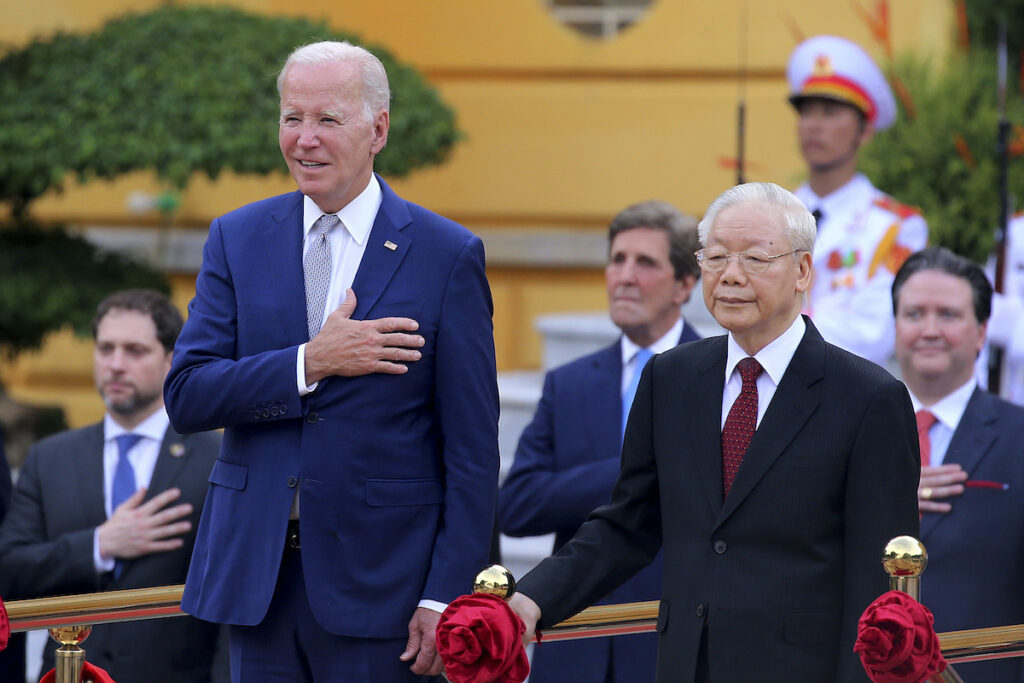 Vietnamese General Secretary of the Communist Party Nguyen Phu Trong, front right, and US President Joe Biden (front left) attend a military welcome ceremony at the Presidential Palace in Hanoi, Vietnam, Sunday, Sept.10, 2023. Biden is on an official two-day visit in Vietnam