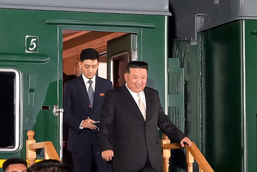 APTOPIX North Korea Russia In this photo taken from video released by governor of the Russian far eastern region of Primorsky Krai Oleg Kozhemyako telegram channel on Tuesday, Sept. 12, 2023, North Korea's leader Kim Jong Un (foreground) steps down from his train after crossing the border to Russia at Khasan, about 127 km (79 miles) south of Vladivostok. North Korea's Kim Jong Un rolled into Russia on an armored train to see President Vladimir Putin