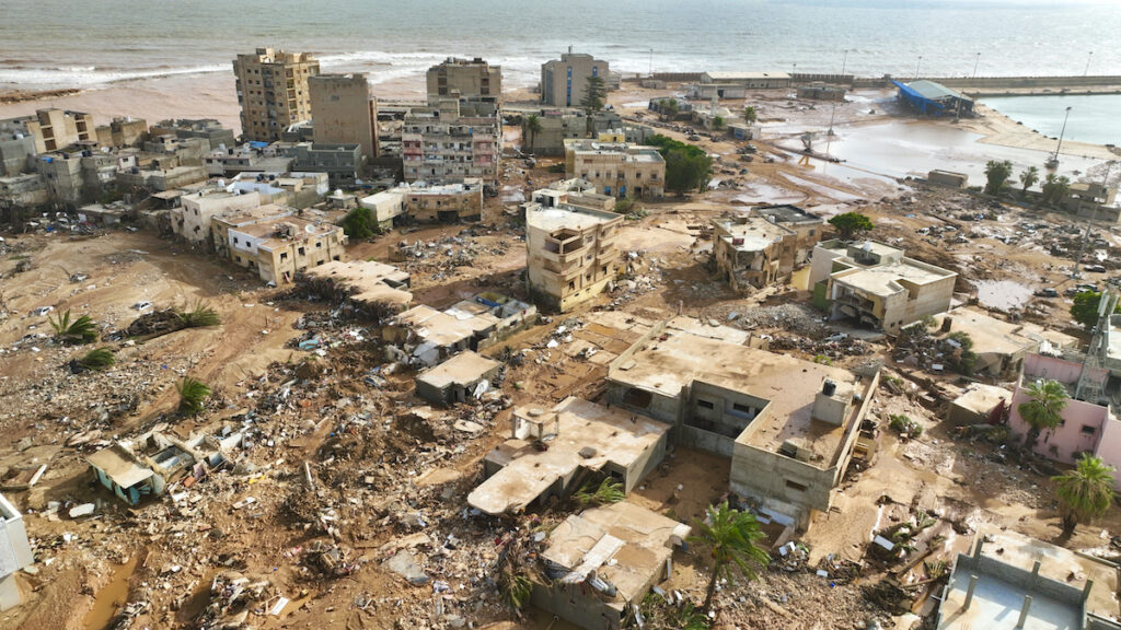 Libya Floods A general view of the city of Derna is seen on Tuesday, Sept. 12., 2023. Mediterranean storm Daniel caused devastating floods in Libya that broke dams and swept away entire neighborhoods in multiple coastal towns, the destruction appeared greatest in Derna city