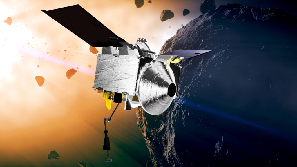 Space Asteroid Grab This illustration provided by NASA depicts the OSIRIS-REx spacecraft at the asteroid Bennu. On Sunday, Sept. 24, 2023, the spacecraft will fly by Earth and drop off what is expected to be at least a cupful of rubble it grabbed from the asteroid Bennu, closing out a seven-year quest.