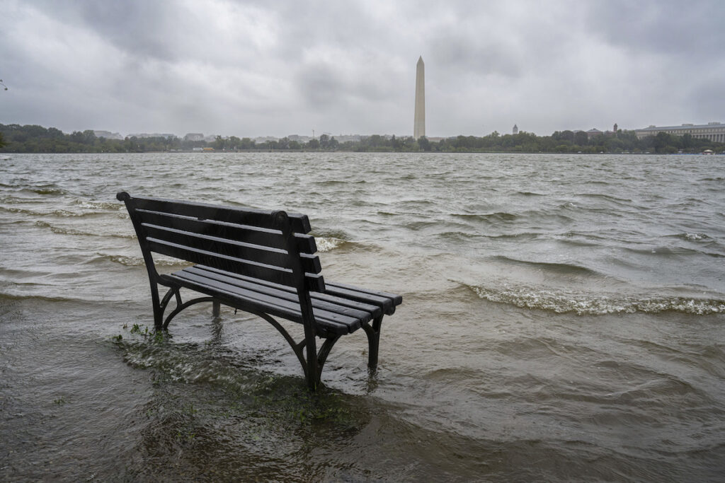 APTOPIX Tropical Weather Washington The Tidal Basin in Washington overflows the banks with the rain from Tropical Storm Ophelia, Saturday, Sept. 23, 2023. The National Weather Service has issued a coastal flooding warning for the area.