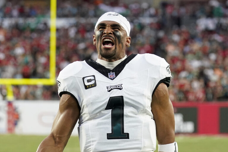 Philadelphia Eagles' Jalen Hurts reacts before an NFL football game against the Tampa Bay Buccaneers, Monday, Sept. 25, 2023, in Tampa, Fla.