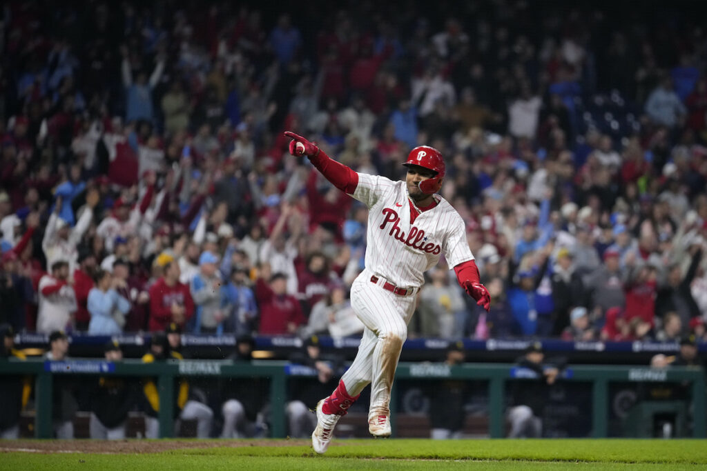 Johan Rojas Philadelphia Phillies' Johan Rojas celebrates after hitting a game-winning run-scoring single in the 10th inning of a baseball game against the Pittsburgh Pirates to clinch a wild-card playoff spot, Tuesday, Sept. 26, 2023, in Philadelphia