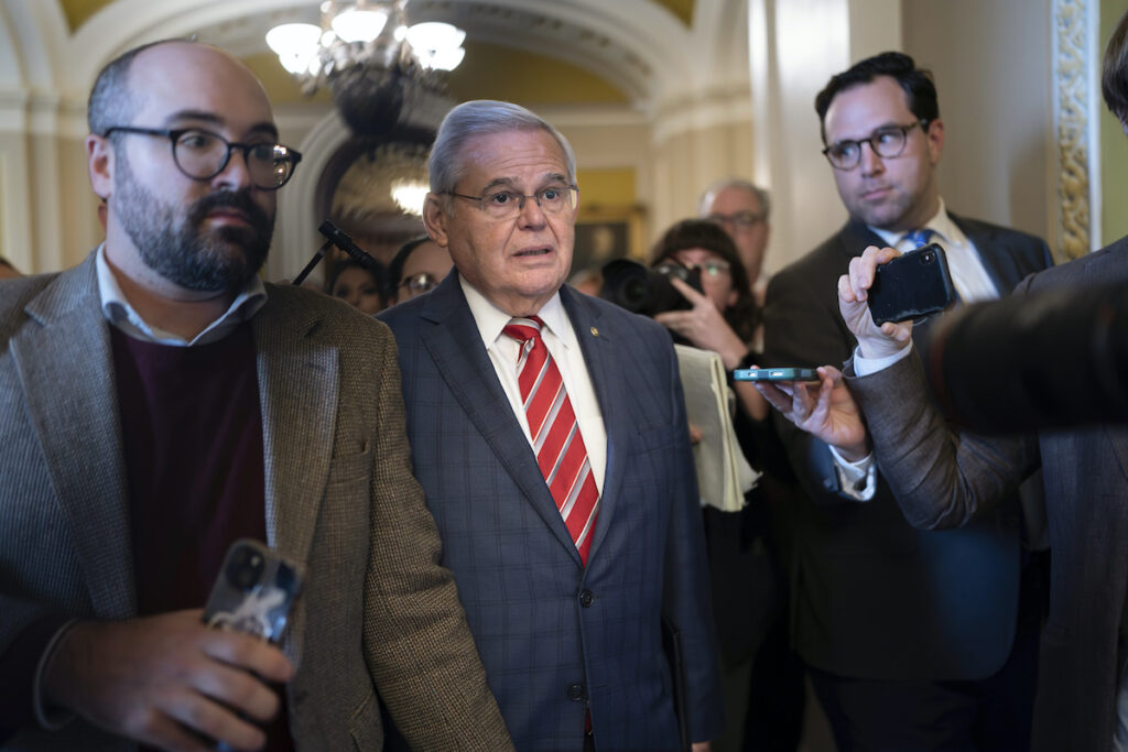 Bob Menendez Sen. Bob Menendez, D-N.J., enters a closed-door meeting of the Senate Democratic Caucus to address his colleagues for the first time since he was indicted on federal bribery charges at the Capitol in Washington, Thursday, Sept. 28, 2023