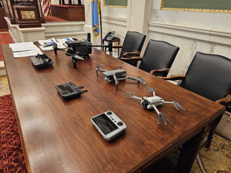 Drones are displayed on a table
