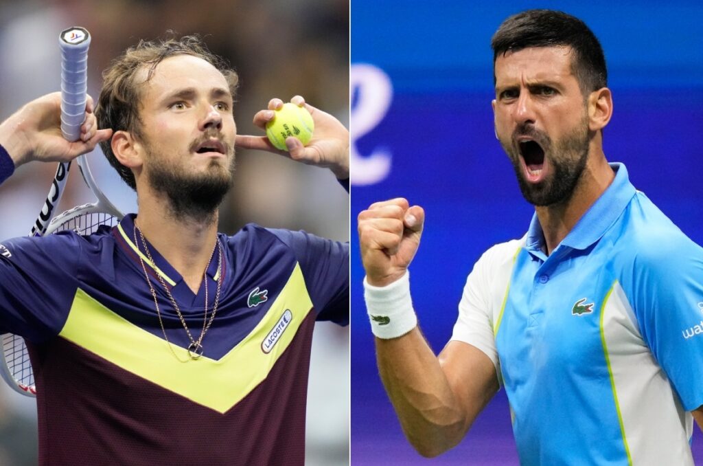 Medvedev Djokovic 2- box (1) Daniil Medvedev, of Russia (left) and Novak Djokovic, of Serbia, react during the men's singles semifinals of the U.S. Open tennis championships, Friday, Sept. 8, 2023, in New York