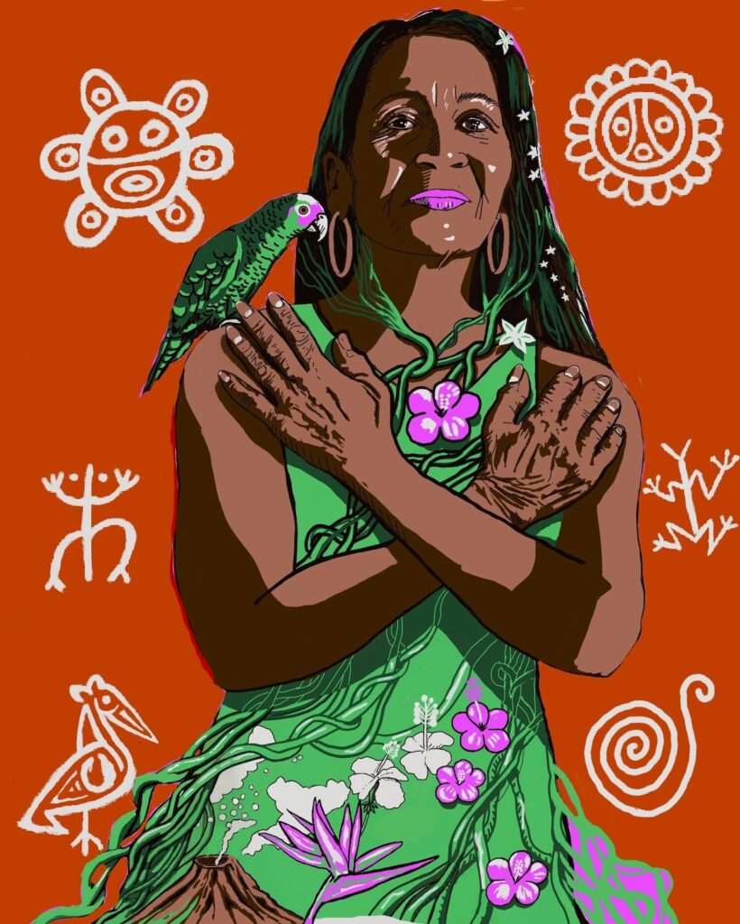 A silkscreen image shows a woman holding a green fabric to her, with a bird sitting on her shoulder.