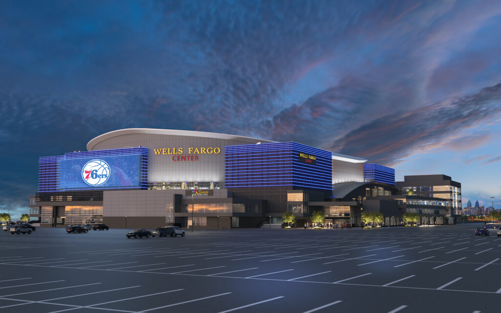 WFC_EXTERIOR_SOUTH_DUSK_76ERS Rendering of Wells Fargo Center exterior