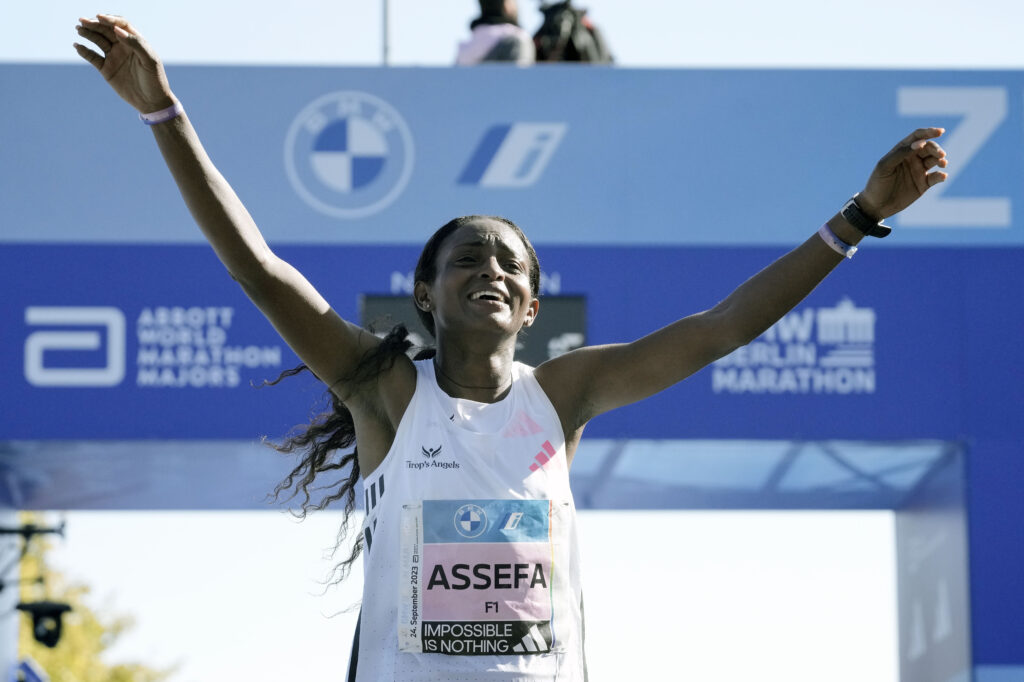 Ethiopia’s Tigist Assefa celebrates as she crosses the finish line to win the women’s division of the Berlin Marathon in world record time in Berlin, Germany, Sunday, Sept. 24, 2023. Ethiopia's Tigist Assefa celebrates as she crosses the finish line to win the women's division of the Berlin Marathon in world record time in Berlin, Germany, Sunday, Sept. 24, 2023.