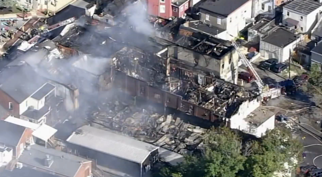 chester-county-oxford-fire-damage Damage is seen via helicopter after a four-alarm fire tore through multiple buildings in Oxford, Chester County.