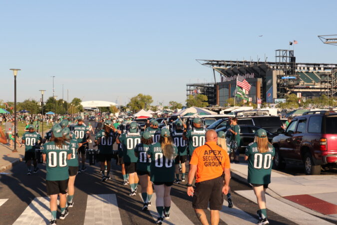 The Eagles drumline marches around Lincoln Financial Field