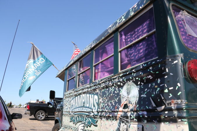 A bus decorated with Eagles theme