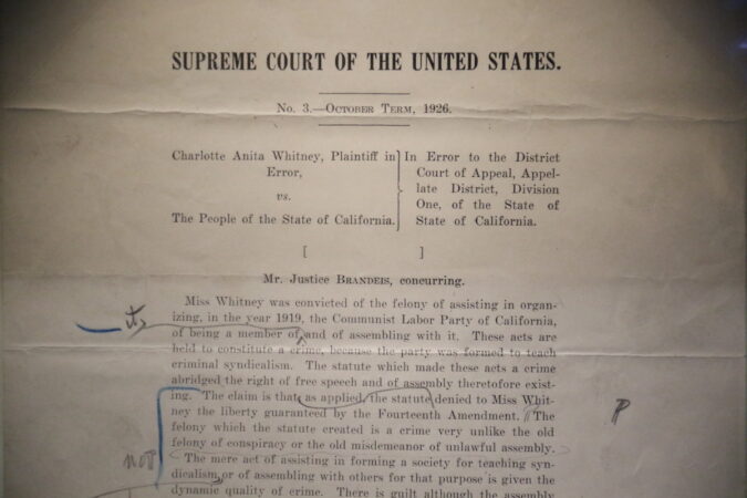 Supreme Court Justice Louis Brandeis's draft opinion on Whitney v. California is on display in the First Amendment Gallery