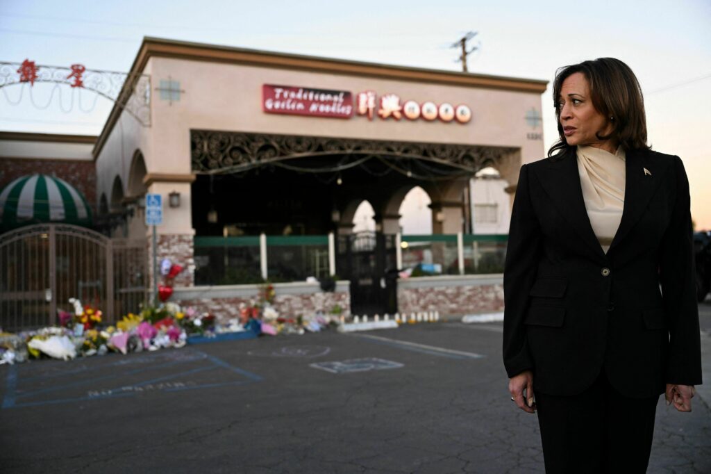 Vice President Harris speaks about the victims of the mass shooting in Monterey Park, Calif. in front of a makeshift memorial at the Star Ballroom Dance Studio on Jan. 25, 2022. Kamala Harris