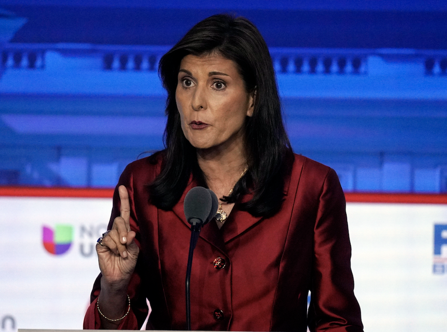 Former U.N. Ambassador Nikki Haley speaks during a Republican presidential primary debate on Wednesday at the Ronald Reagan Presidential Library in Simi Valley, Calif.