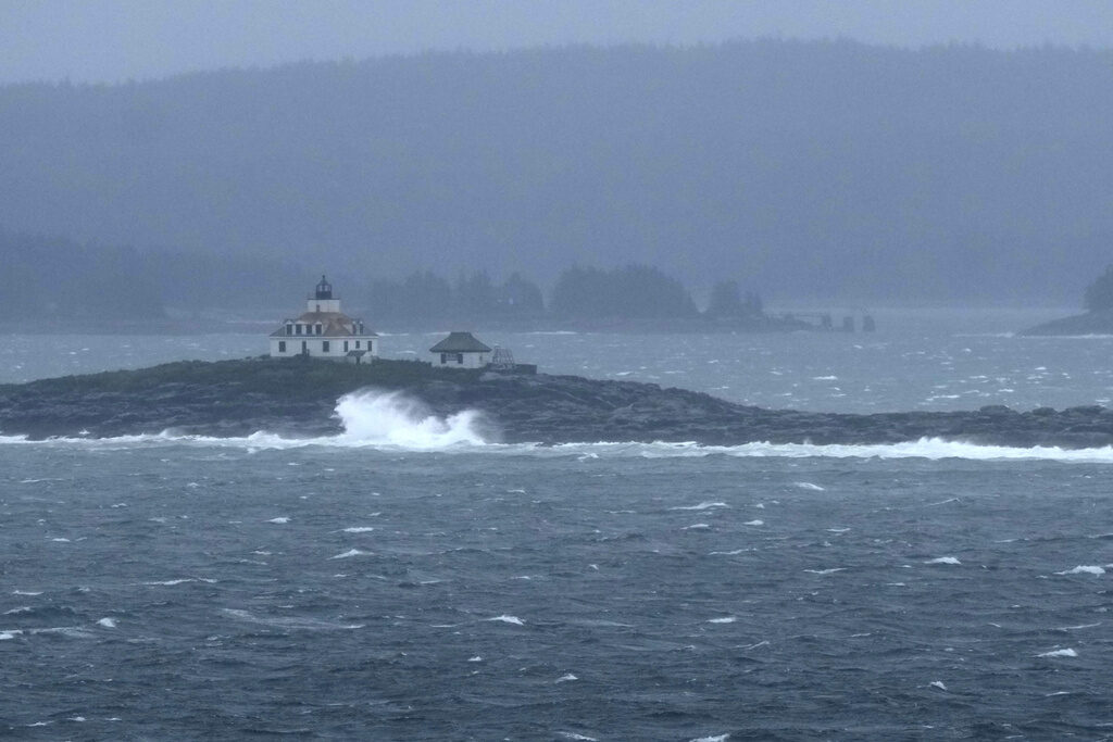 Severe Weather Waves and stormy conditions at a harbor in Maine