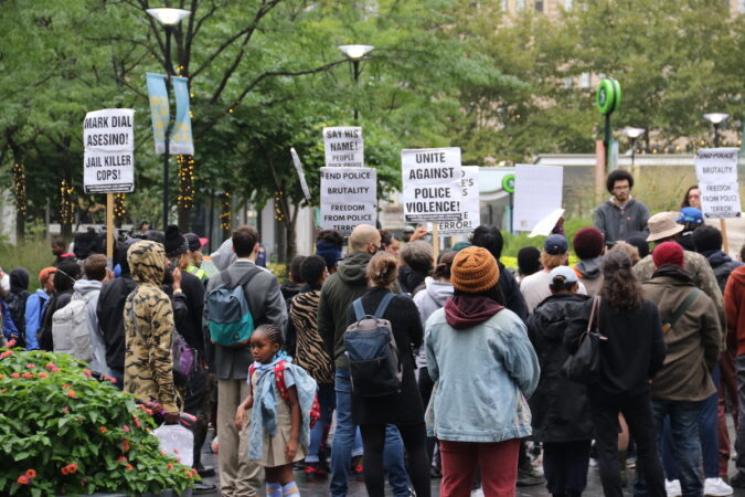 Protesters gathered together near City Hall.