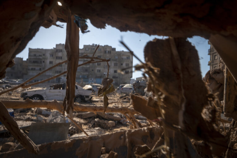 Destruction and rubble in the wake of floods in Libya is visible