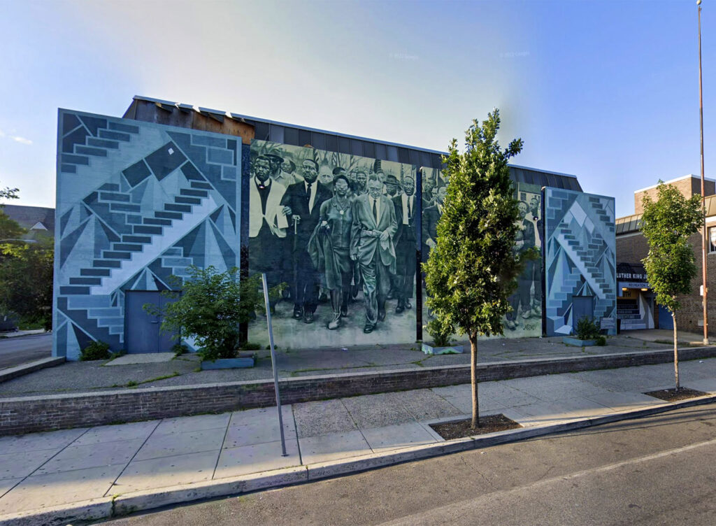 mlkreccenter-cecilbmooreave-2 ''Staircases and Mountaintops: Ascending Beyond the Dream'' by Willis Nomo Humphrey at the Martin Luther King Jr. Rec Center on Cecil B. Moore Avenue in North Philadelphia.
