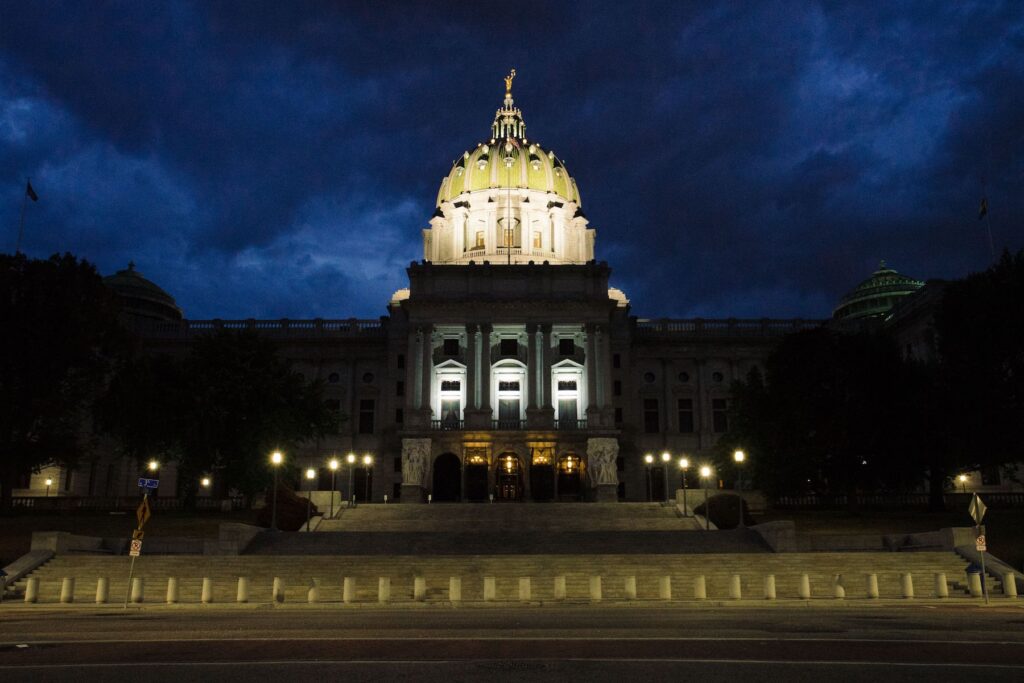 pennsylvania-state-capitol-complex-spotlight-pa-2023-09-20 Pa. State capitol building at night