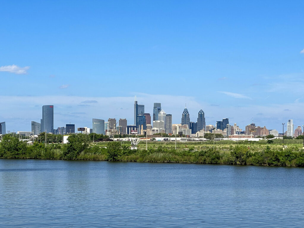 phillyskyline-park-southwest-schuylkill Skyline as seen from a fishing pier along Bartram's Mile in Southwest Philly. (Danya Henninger/Billy Penn)