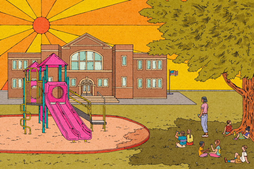 school-recess-heat An illustration shows a bright sun and kids sitting in the shade away from a playground.
