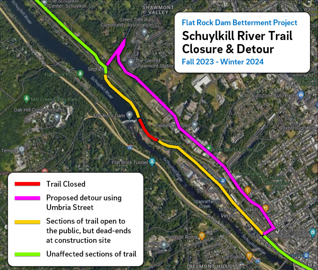 A map shows a trail closure along the Schuylkill River Trail in Manayunk