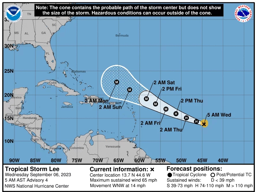 tropical_storm_lee_weds_5a-05dfbacfd1aa4b971c7395182c24ac97088317ef-s1600-c85 This National Hurricane Center graphic, produced at 4 a.m. ET on Wednesday, Sept. 6, 2023, shows the projected path and strengthening of Tropical Storm Lee as it moves across the Atlantic Ocean