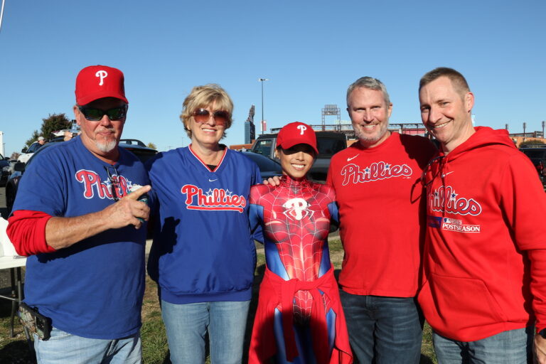 Phillies fans showed up in their Monday best to watch Philadelphia play in a potential NL Pennant clincher against the Arizona Diamondbacks. (Cory Sharber/WHYY)