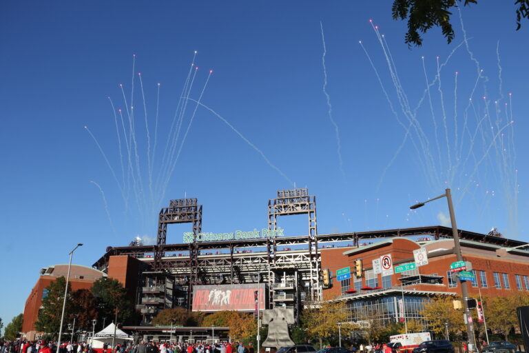Fireworks powdered the Monday afternoon sky at Citizens Bank Park ahead of Game 6 of the NLCS between the Philadelphia Phillies and the Arizona Diamondbacks. (Cory Sharber/WHYY)