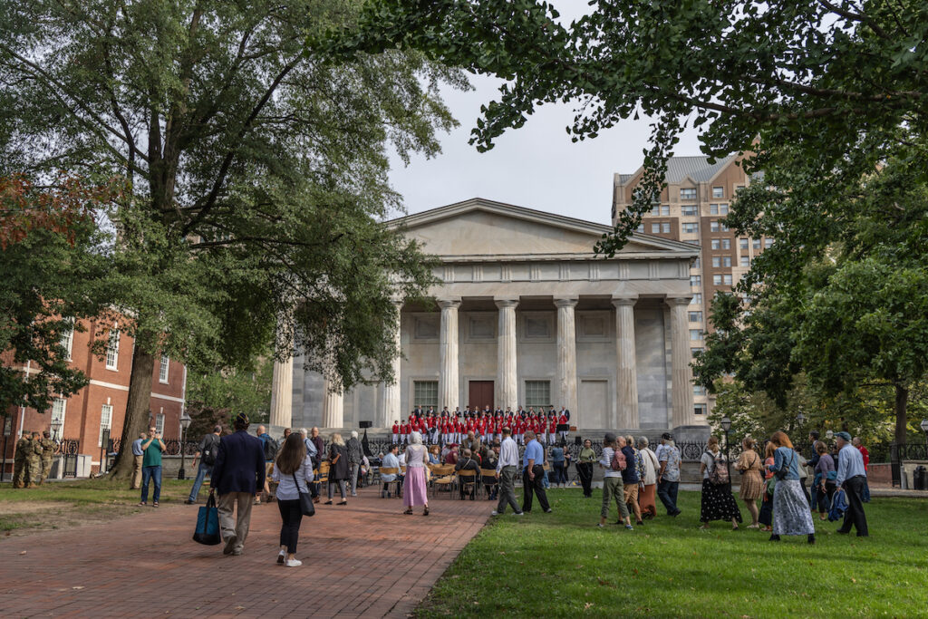 A crowd outside of the American Philosophical Society