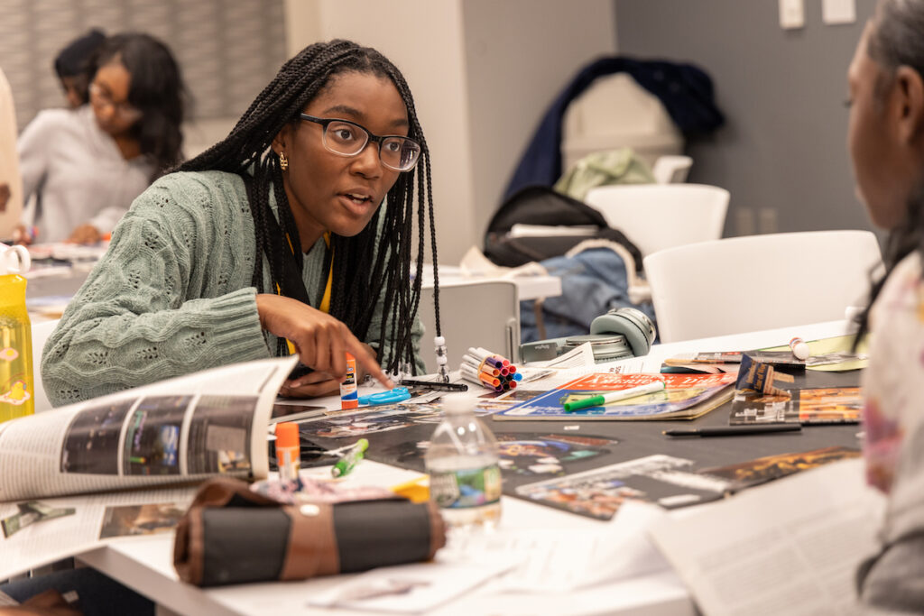 College students from the University of the Arts worked with Revolution High School students to create collages reflecting on their zip codes and exploring class, race and equity on Oct. 10, 2023