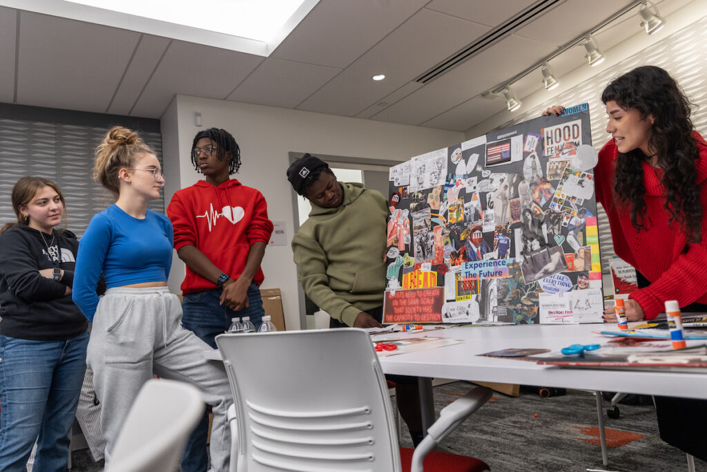 College students from the University of the Arts worked with Revolution High School students to create collages reflecting on their zip codes and exploring class, race and equity on Oct. 10, 2023
