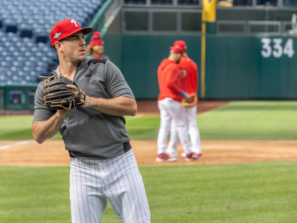 10 15 2023 J.T. Realmuto philadelphia phillies nlcs practice Phillies starting catcher J.T. Realmuto practices ahead of Game 1