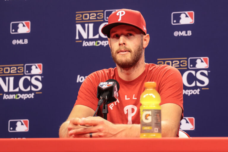 Philadelphia Phillies starting pitcher Zack Wheeler speaks to media ahead of the NLCS against the Arizona Diamondbacks on Oct. 15, 2023.