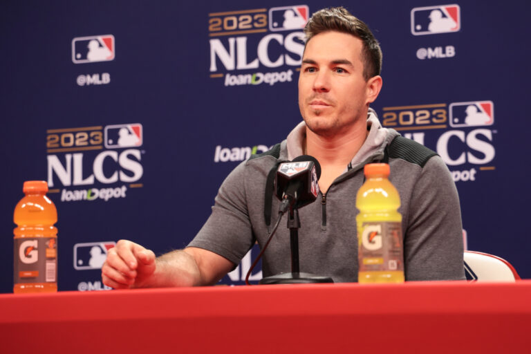 Philadelphia Phillies catcher J.T. Realmuto speaks to media ahead of the NLCS against the Arizona Diamondbacks on Oct. 15, 2023.