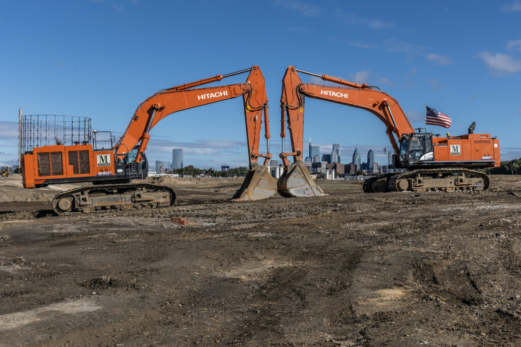 10 16 2023 k paynter ceremonial groundbreaking bellwether district philadelphia-12 Cranes at a construction site