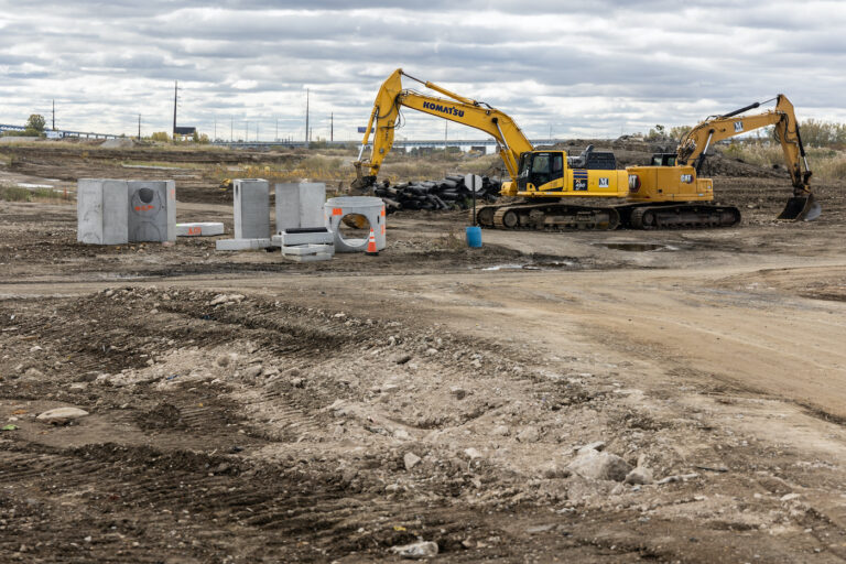 Construction equipment at the site of the former PES Refinery