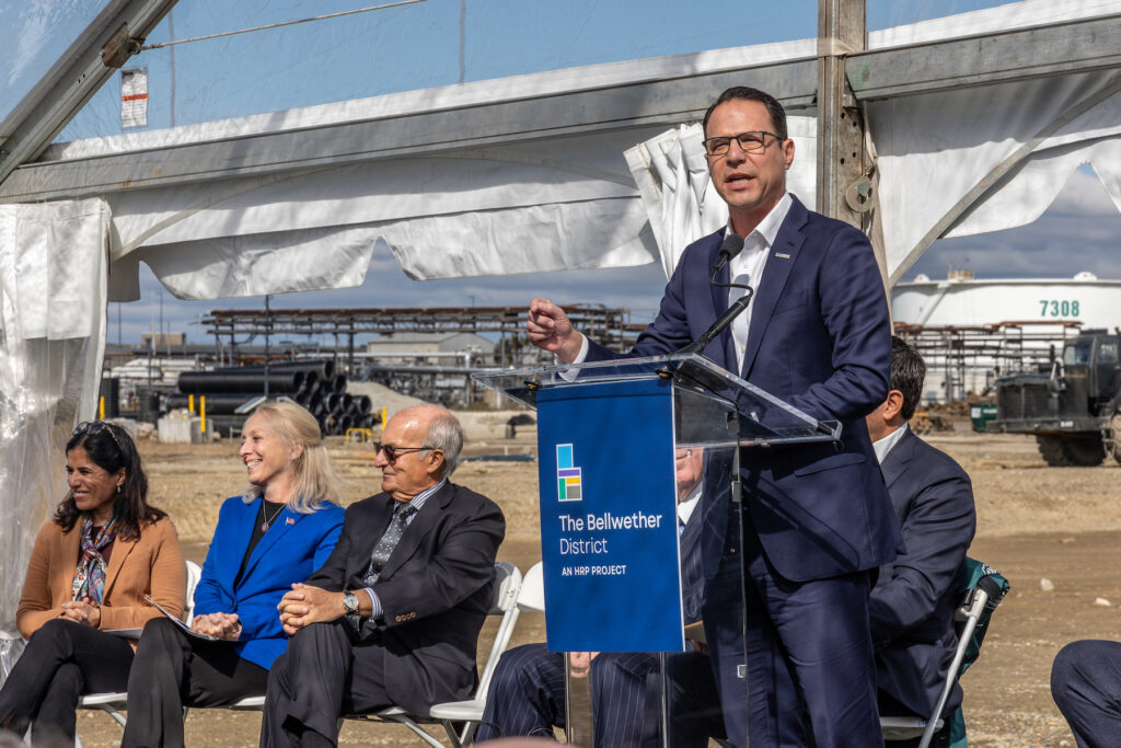 10 16 2023 k paynter ceremonial groundbreaking bellwether district philadelphia-3 Josh Shapiro speaking at a podium