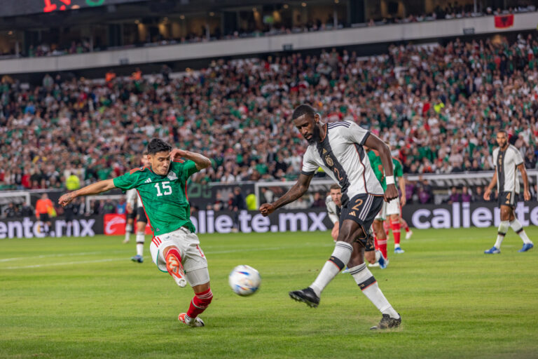 Mexico’s Uriel Antuna (left) and Germany’s Antonio Rüdiger (right) battle for the ball at the friendly match at Lincoln Financial Field in Philadelphia on Oct. 17, 2023.