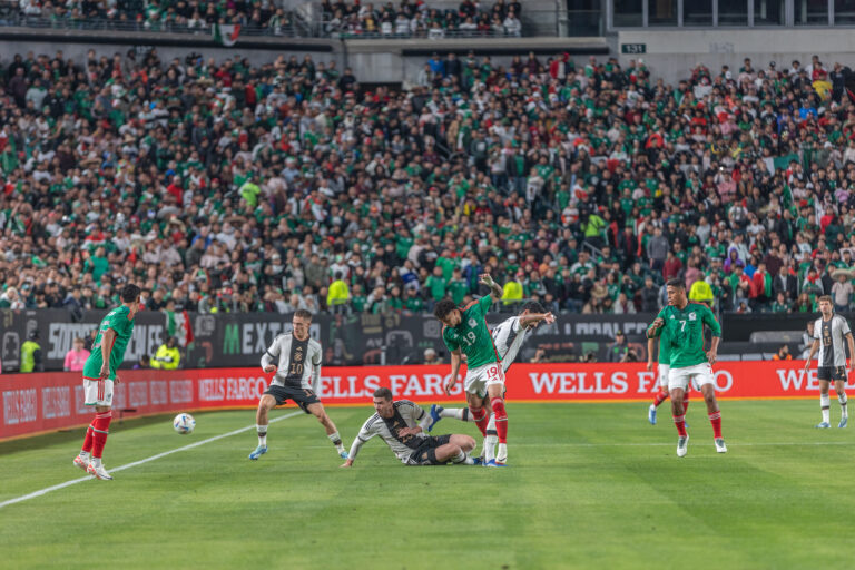 Players are seen in action at the Mexico-Germany match at Lincoln Financial Field