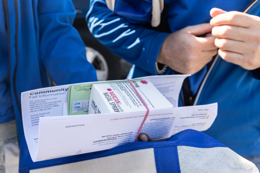 10 19 2023 k paynter opioid crisis canvassing-10 An opioid crisis resource kit containing Narcan, fentanyl test strips and information on how to get addiction treatment and more harm reduction resources.