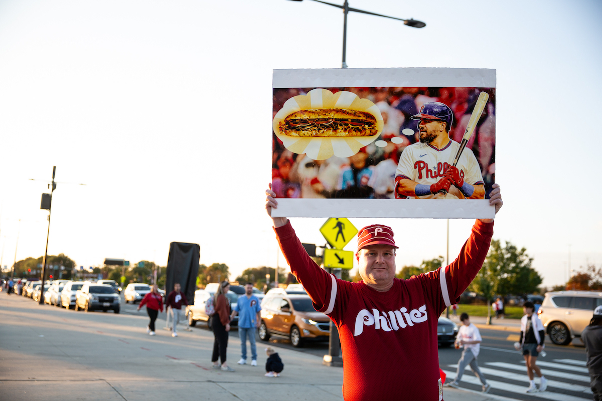 Shaun Keating, of Hatfield, began his tailgating at 3pm for the 8pm Game 4 of the Phillies playoff series game on October 12 2023. (Emily Cohen for WHYY)